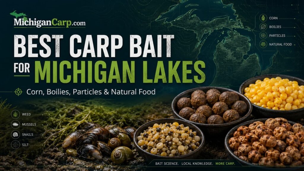 Best carp bait for Michigan lakes showing corn boilies particles tiger nuts and natural food areas on a Michigan carp lake