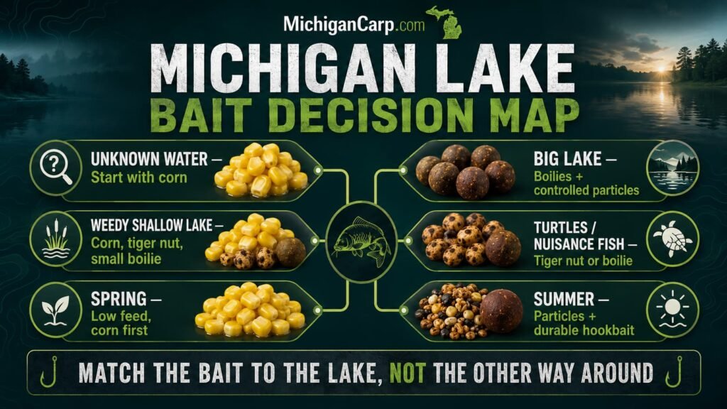 Michigan lake carp bait decision map showing when to use corn boilies particles and tiger nuts by lake type and season