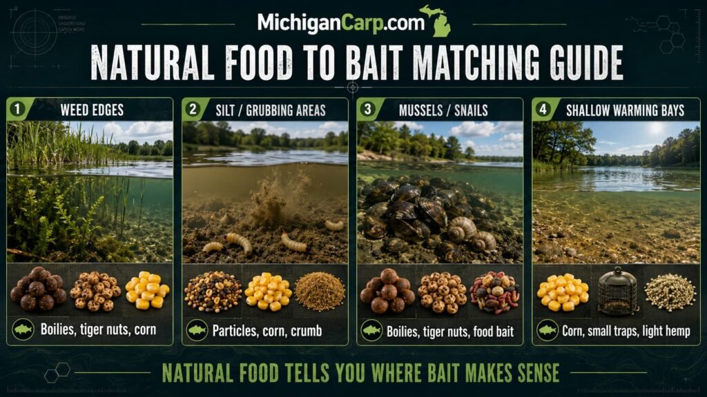 Natural food to carp bait matching guide for Michigan lakes showing weed silt mussels snails corn boilies particles and tiger nuts