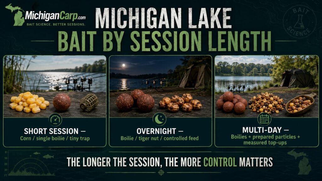 Michigan carp bait by session length showing corn boilies particles and tiger nuts for short overnight and multi day lake sessions