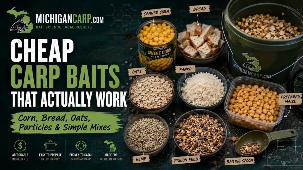 Cheap carp baits that actually work showing corn bread oats maize hemp pigeon feed and simple homemade carp bait for Michigan carp fishing