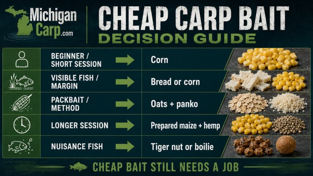 Cheap carp bait decision guide comparing corn bread oats maize hemp pigeon feed and tiger nuts for budget carp fishing