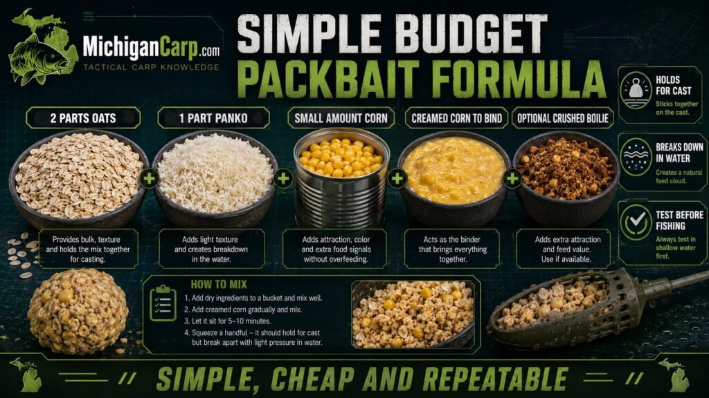 Simple budget carp packbait formula showing oats panko canned corn creamed corn and crushed boilie for homemade carp bait