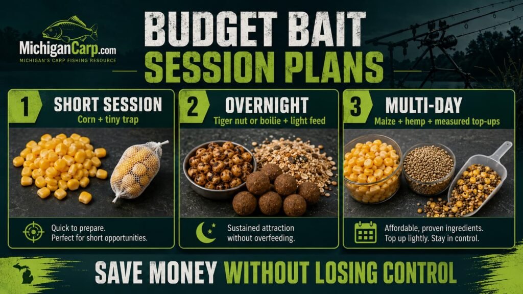 Budget carp bait session plans showing corn oats maize hemp tiger nuts and boilies for short overnight and multi day carp fishing