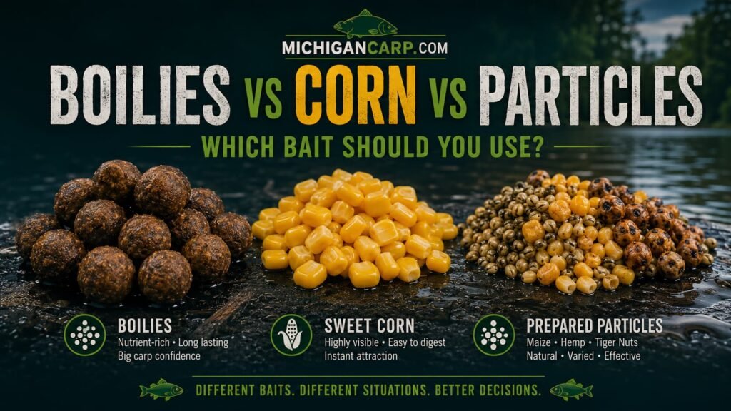 Boilies vs corn vs particles for carp showing boilies sweet corn maize hemp and tiger nuts as bait choices for Michigan carp fishing