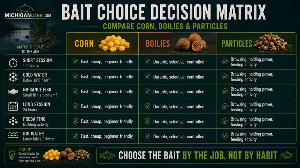 Bait choice decision matrix comparing boilies corn and particles for carp by session length season cost selectivity and nuisance fish