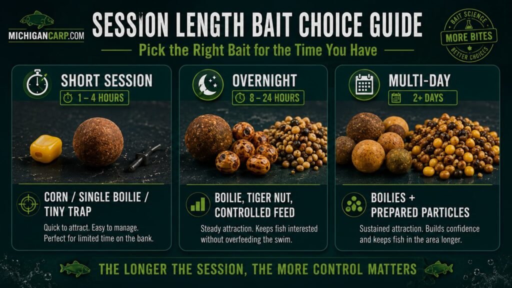 Session length bait choice guide showing when to use corn boilies and particles for short overnight and multi-day carp fishing sessions