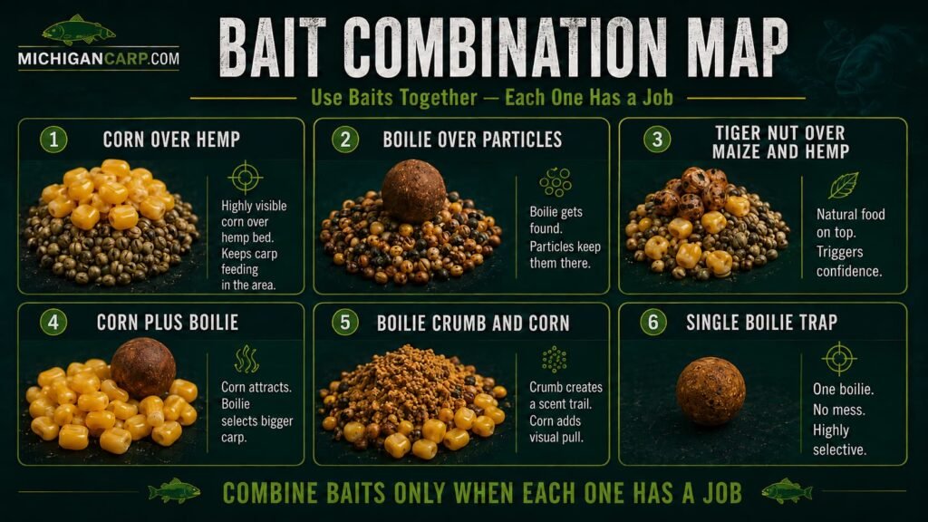 Carp bait combination map showing corn over hemp boilies over particles tiger nuts over maize and single boilie traps