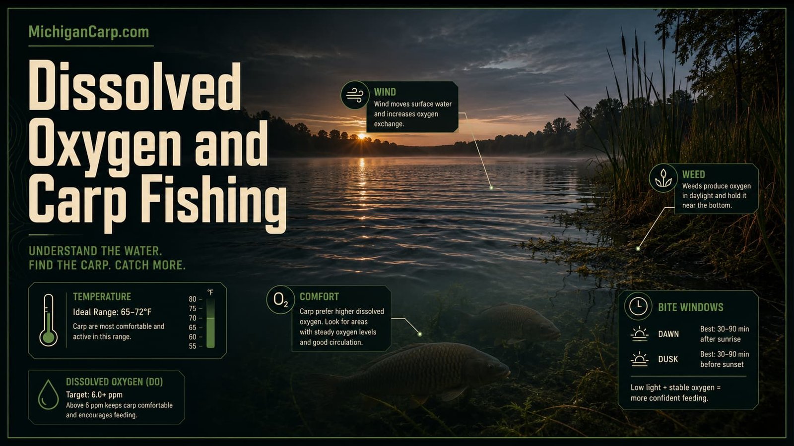 Michigan lake at low light with wind ripple weed edges and carp oxygen comfort theme