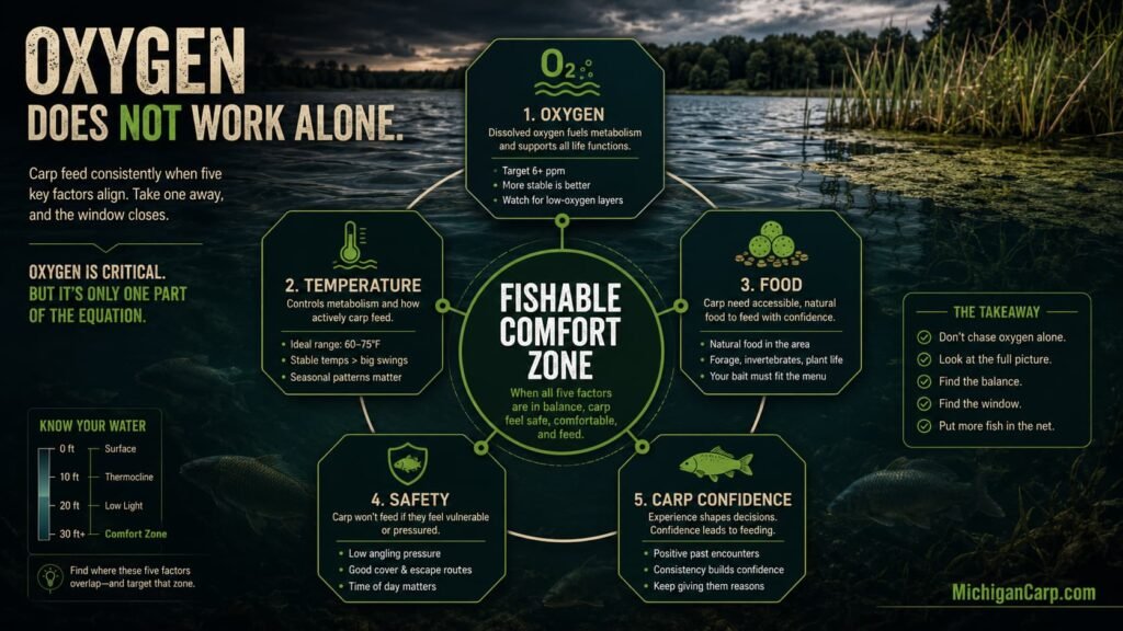 Infographic showing oxygen temperature food and safety overlapping to create comfortable carp feeding water