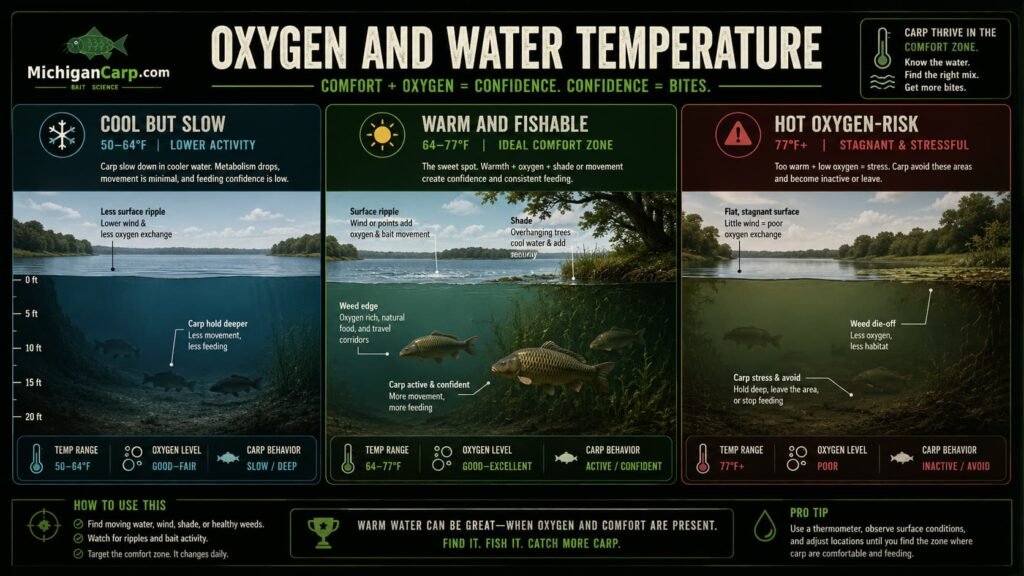 Infographic showing how warm water affects oxygen and carp comfort in Michigan lakes