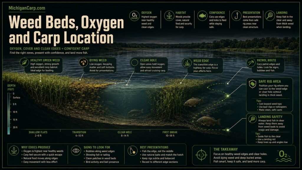 Diagram showing healthy weed dying weed clear holes weed edges and carp oxygen comfort zones