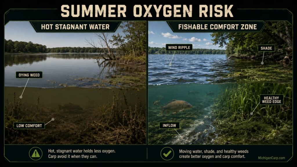 Infographic comparing hot stagnant water with wind rippled weed edges and safer summer carp fishing areas