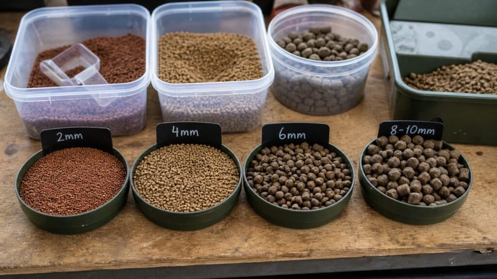 Pellets for carp shown in different sizes on a clean bait bench for comparison.