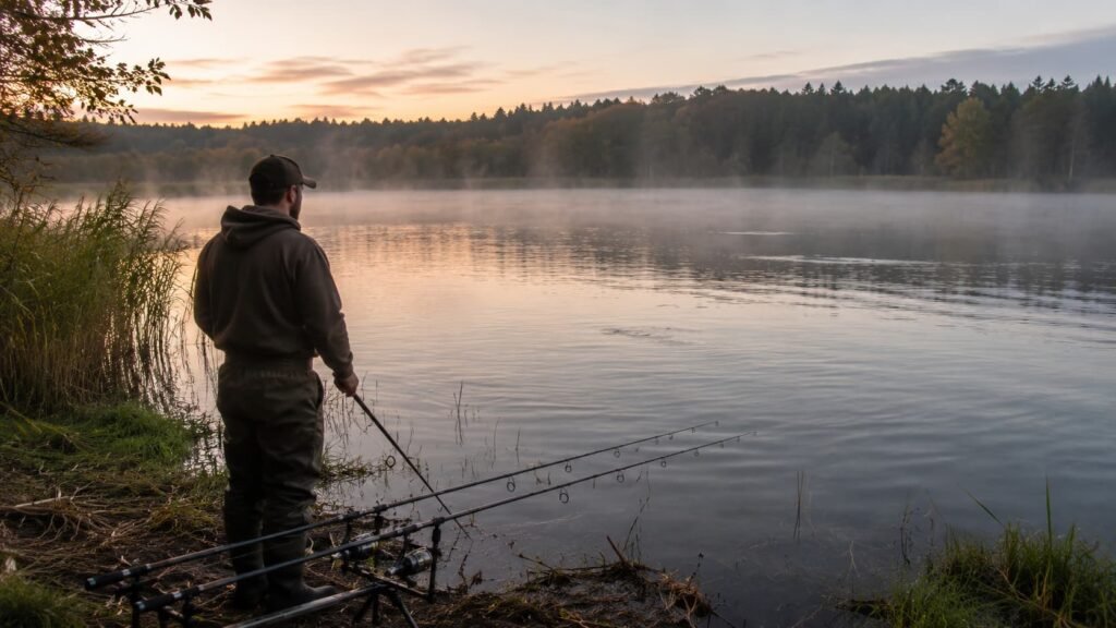 Carp angler fishing during an oxygen window on a Michigan lake.