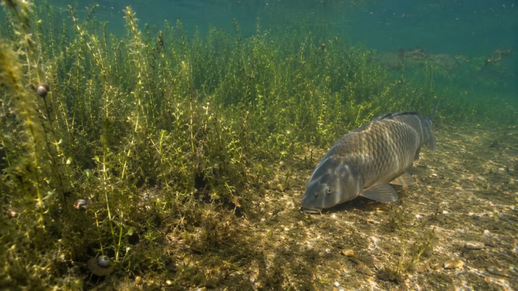 Healthy weed bed creating a daytime oxygen window for feeding carp.