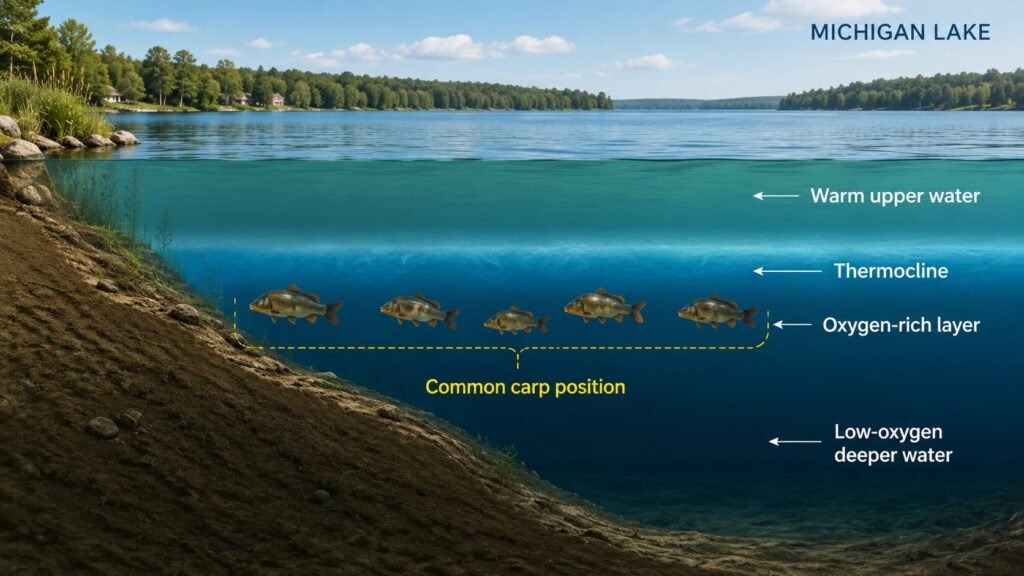 Carp holding above low-oxygen deep water near the thermocline.