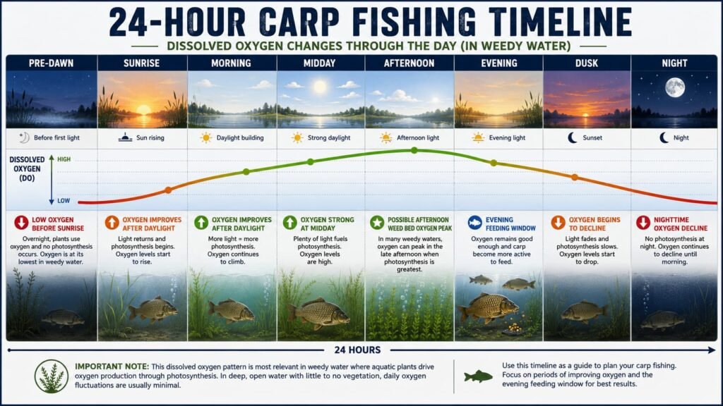 Diagram showing how oxygen windows can change during a 24-hour carp fishing day.