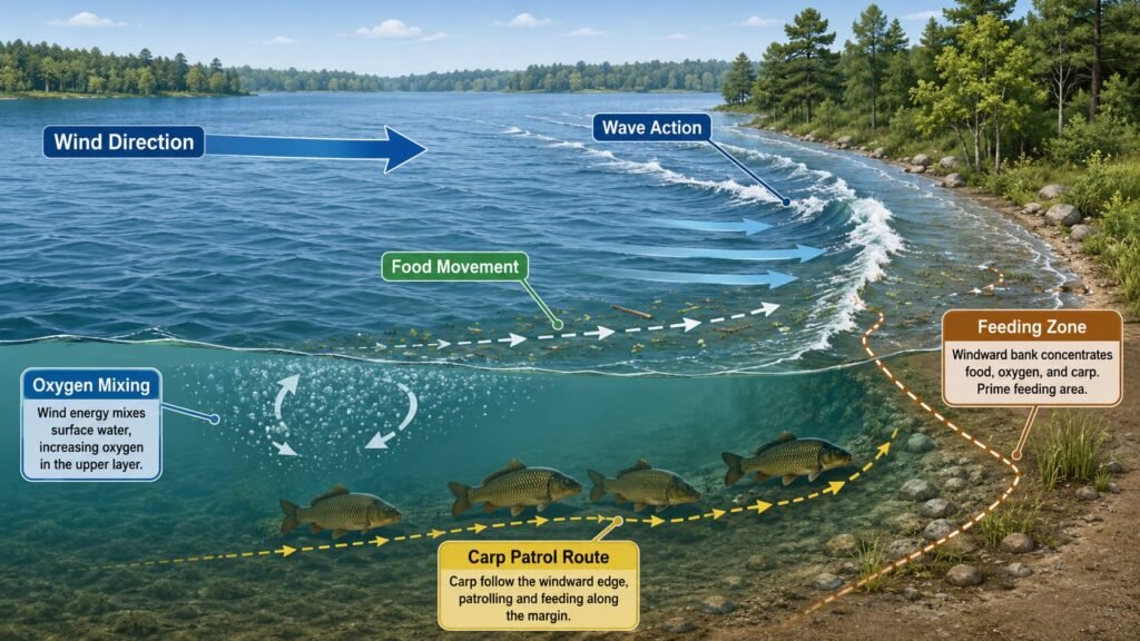 Diagram showing how wind creates oxygen and food movement for carp.