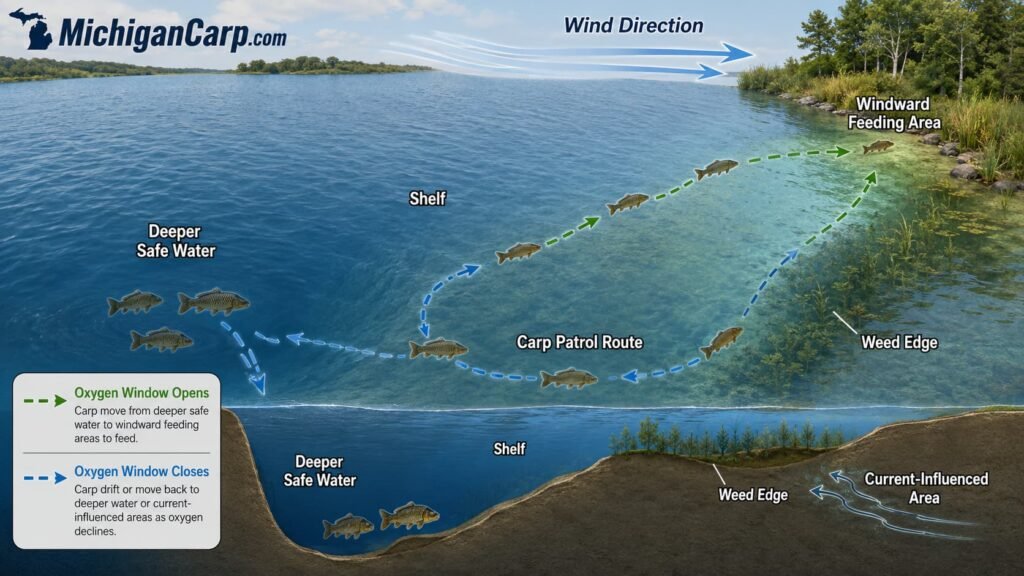 Windward bank creating an oxygen-rich carp feeding window.