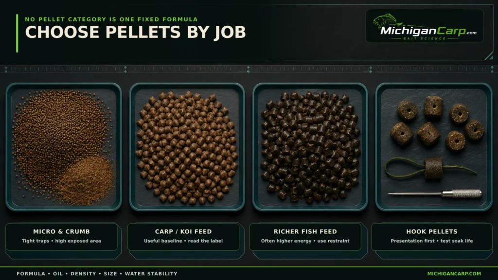 Carp pellet selection matrix comparing micro pellets carp or koi feed richer fish feed and durable hook pellets