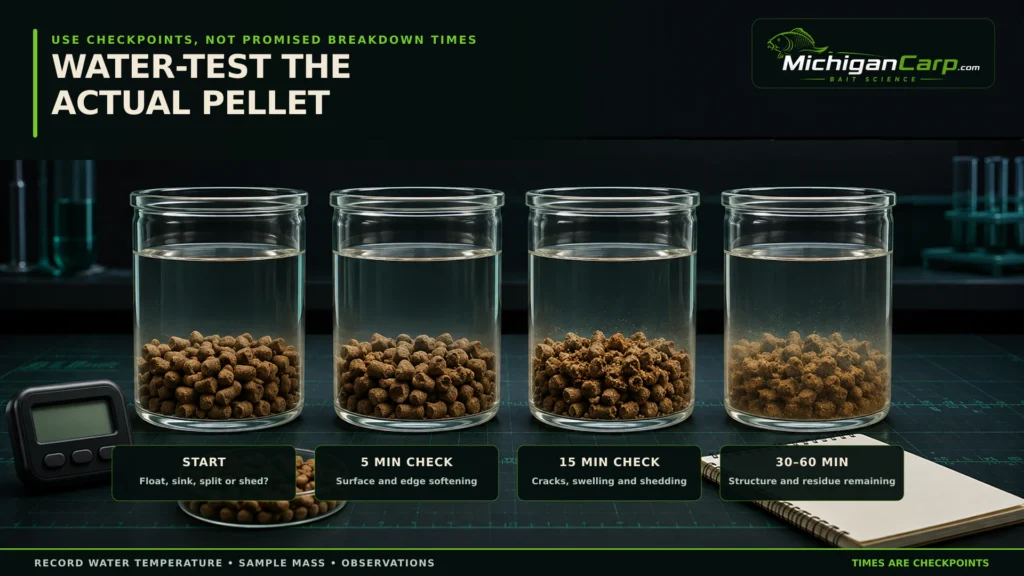 Controlled carp pellet water test showing float or sink behavior softening cracking shedding and remaining structure