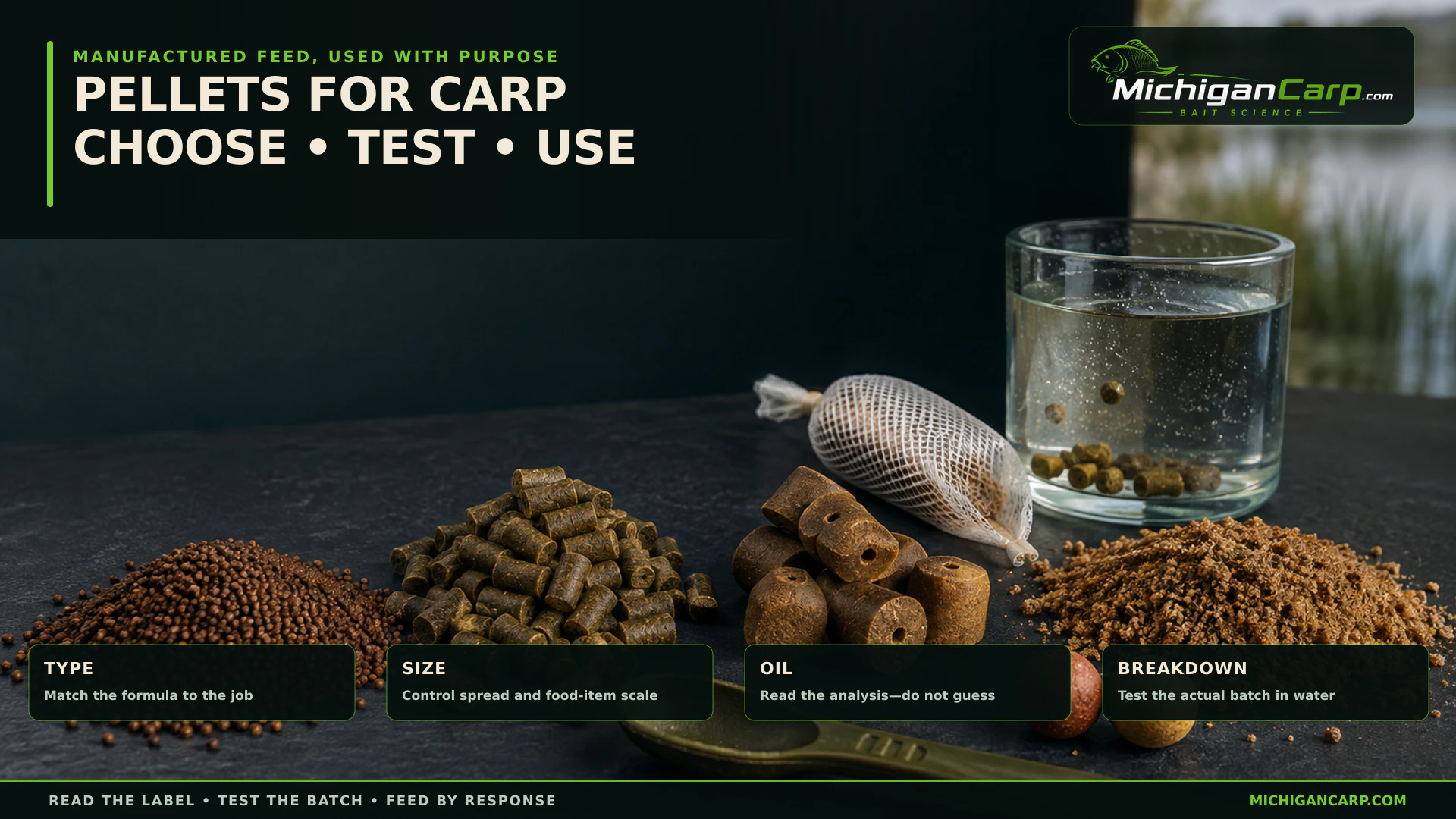 Pellets for carp arranged by type size oil level and intended fishing job on a MichiganCarp bait-science bench