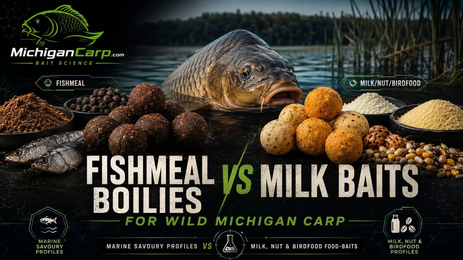 Fishmeal boilies vs milk baits for wild Michigan carp, comparing marine savoury fishmeal boilies with milk, nut and birdfood food-bait profiles.