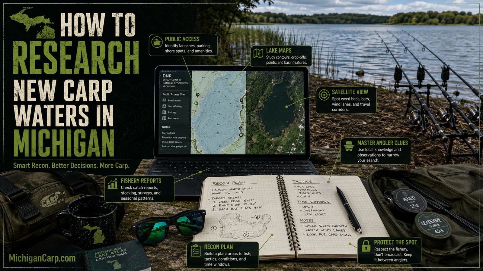 “Michigan carp water research setup showing lake maps, contour lines, public access planning tools, notebook and rods for scouting new carp waters.”