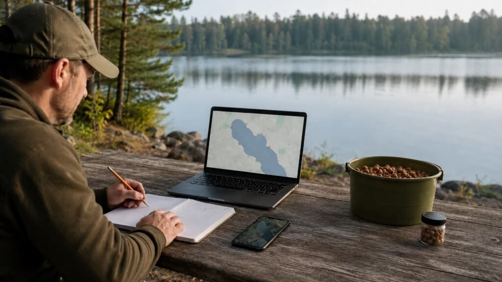 Carp angler researching new Michigan carp waters using maps and notes beside a lake.