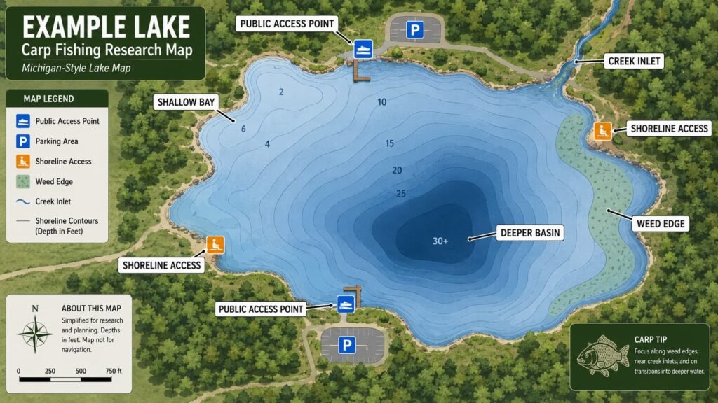 Diagram showing how to research carp fishing access on a Michigan lake.