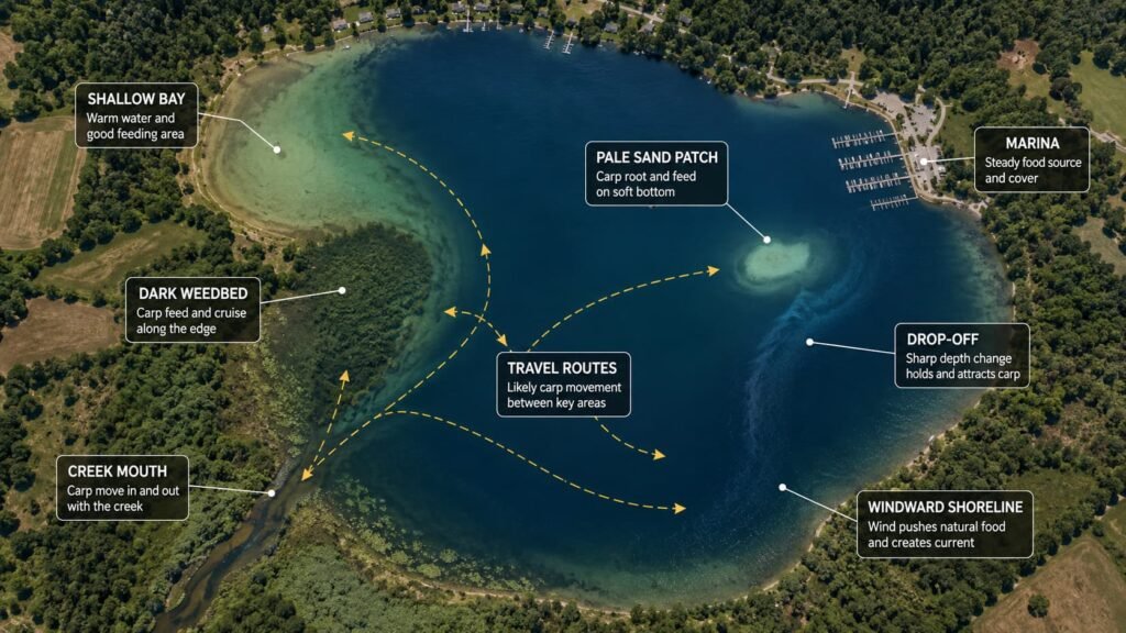 Satellite-style carp fishing map showing features that help locate carp.