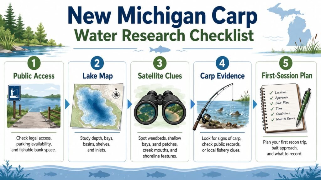 Checklist for researching new carp waters in Michigan.