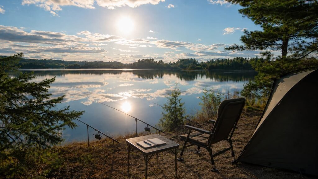Carp fishing tactics setup on a quiet Michigan lake bank.