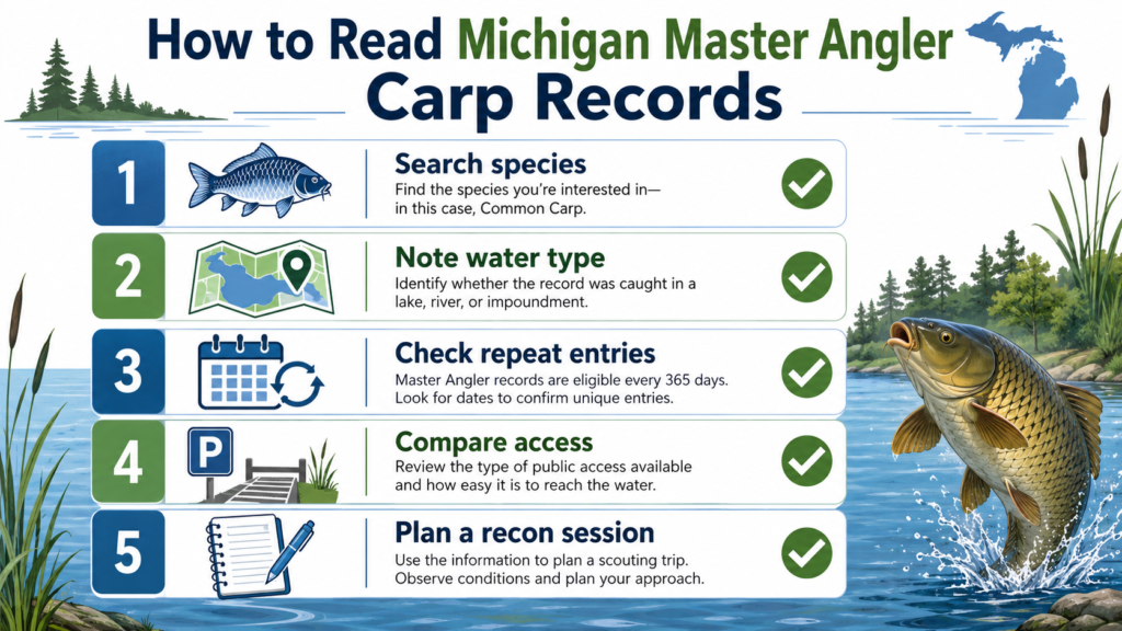 Checklist for reading Michigan Master Angler carp records.