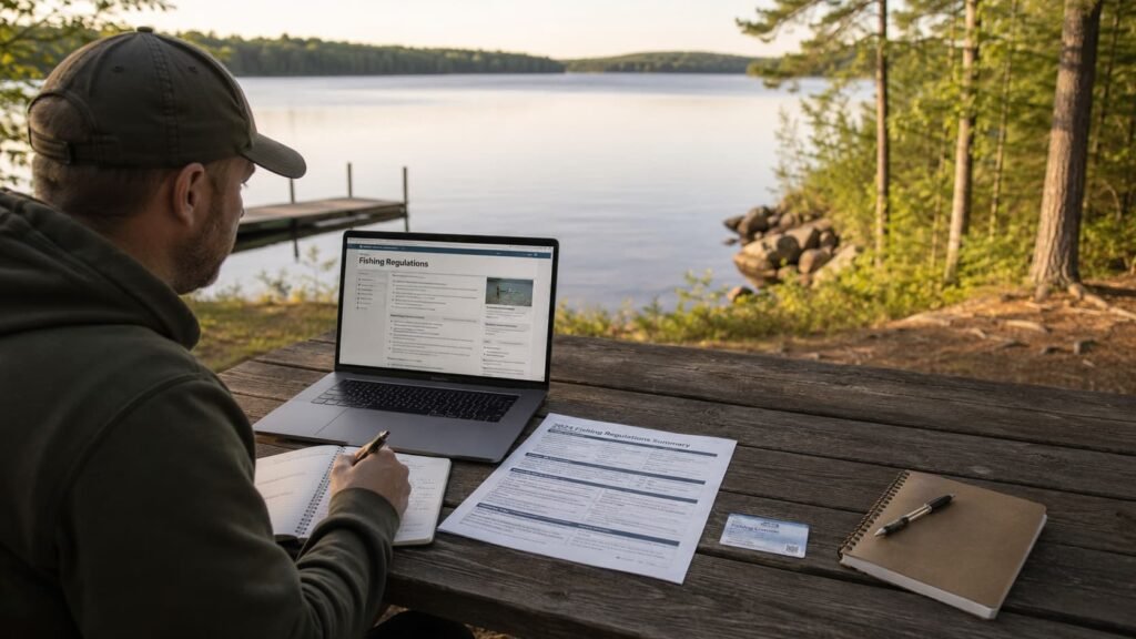 Carp angler checking Michigan carp fishing regulations before a lakeside session.