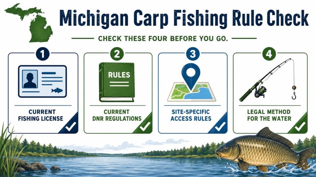 Checklist for checking Michigan carp fishing rules before fishing.