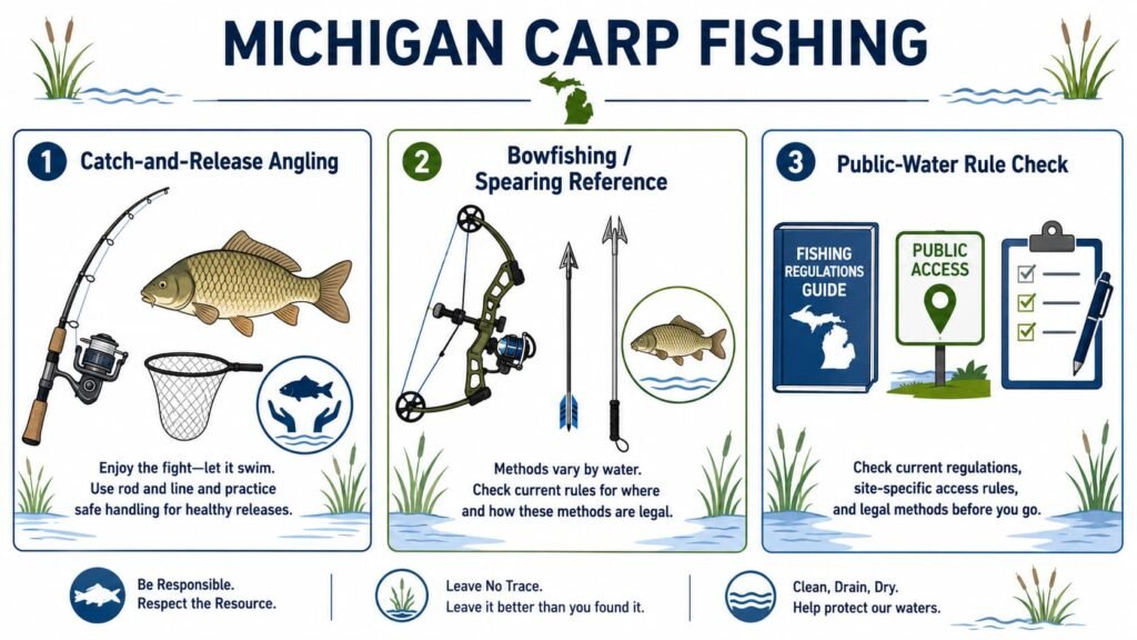 Diagram showing different Michigan carp fishing methods and the need to check legal rules.