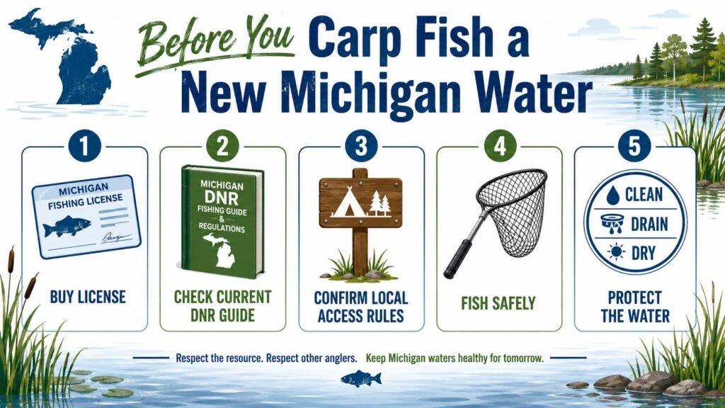 Checklist for responsible carp fishing on new Michigan waters.