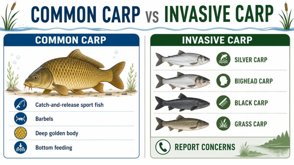 : Common carp vs invasive carp comparison infographic for Michigan anglers.