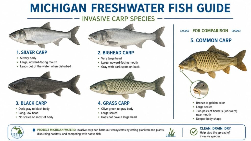 Diagram comparing common carp with invasive carp species.