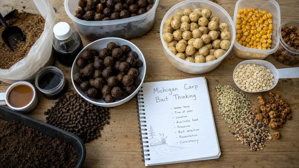 Fishmeal boilies and milk-based carp baits compared on a bait table for Michigan carp fishing.