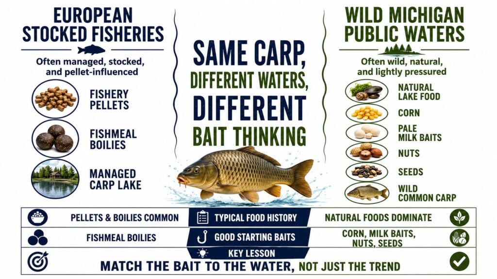 Infographic comparing fishmeal boilie thinking with milk, nut, cereal, and particle bait approaches for wild Michigan carp.