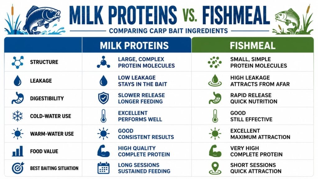 Infographic comparing milk proteins and fishmeal in carp bait by solubility, food value, water temperature, and bait use.