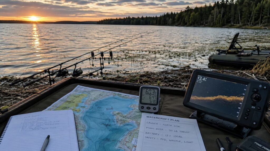 Michigan carp fishing watercraft setup with rods, lake map, thermometer, sonar, weed edge and wind ripple on the water.