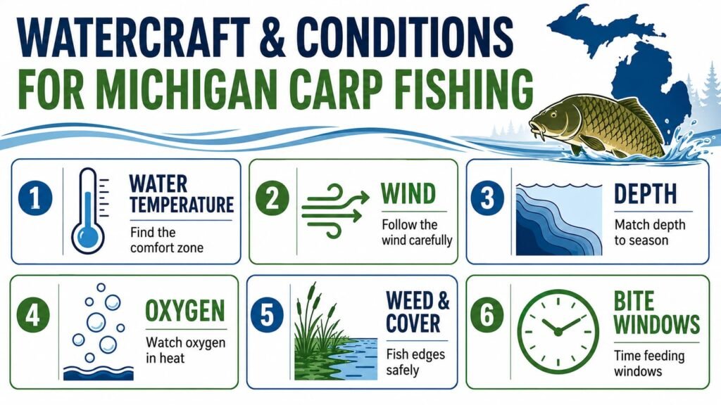 Infographic showing how water temperature, wind, depth, oxygen, weed and bite windows affect Michigan carp fishing.