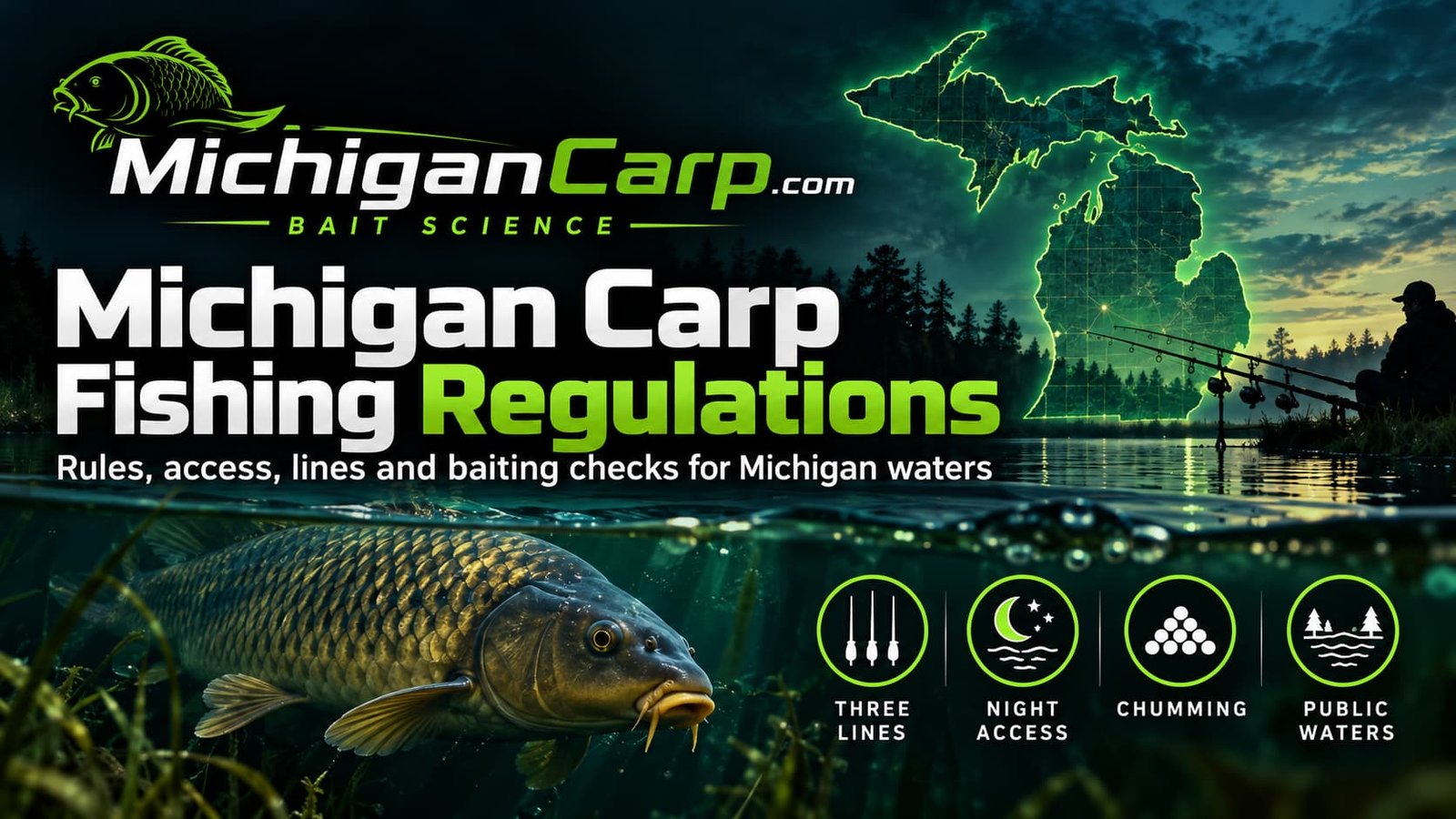 Michigan carp fishing regulations guide showing a common carp angler, Michigan map and icons for fishing license, three rods, baiting and public-water rules.
