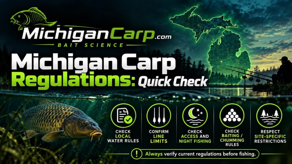 Michigan carp fishing regulations quick-check infographic covering fishing license, three-line limit, chumming, public access and fish movement rules.