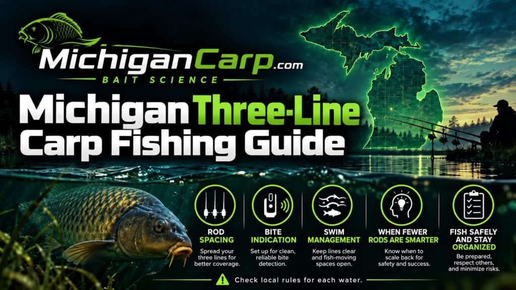 Diagram explaining Michigan's general three-line carp fishing limit with three carp rods, one hook per rod and immediate-control requirement.