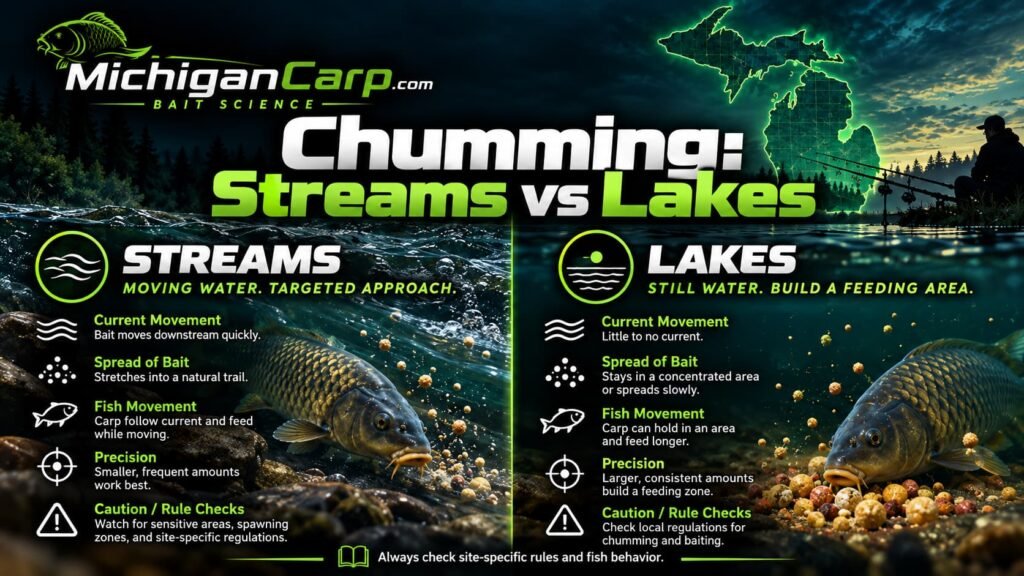 Michigan carp fishing infographic showing the difference between stream chumming restrictions and checking lake-specific baiting rules before prebaiting.